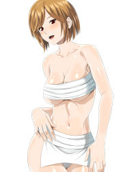 Rule 34 | 00s, 1girl, bandages, bandages around chest, blush, breasts, brown eyes, brown hair, cleavage, fundoshi, highres, japanese clothes, large breasts, meiko (vocaloid), navel, sarashi, shin&#039;ya (shin&#039;yanchi), shiny skin, short hair, simple background, smile, solo, standing, underboob, vocaloid, white background