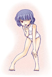 Rule 34 | 1girl, barefoot, blush, fingernails, gradient background, hiro (h-net), leaning forward, one-piece swimsuit, one eye closed, purple hair, red eyes, remilia scarlet, school swimsuit, sharp fingernails, smile, solo, swimsuit, toes, tongue, touhou, tsurime, white one-piece swimsuit, white school swimsuit