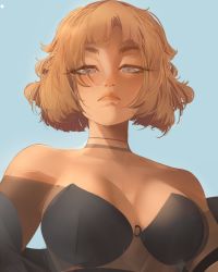 Rule 34 | 1girl, black choker, blonde hair, blue background, blush, breasts, choker, elliemaplefox, expressionless, grey eyes, highres, large breasts, looking at viewer, original, short hair, simple background, solo, upper body