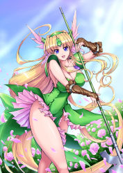 Rule 34 | 1girl, :d, absurdly long hair, armor, blonde hair, blue eyes, blue sky, breasts, bridal gauntlets, cleavage, cloud, collarbone, cowboy shot, day, dress, field, flower, flower field, forehead jewel, frilled dress, frills, green dress, helmet, highres, holding, holding weapon, jewelry, large breasts, long hair, looking at viewer, low-tied long hair, open mouth, outdoors, pauldrons, pelvic curtain, pendant, pink flower, pink rose, polearm, raochuu, riesz, rose, seiken densetsu, seiken densetsu 3, shoulder armor, sidelocks, sky, smile, solo, spear, strapless, strapless dress, thighs, tube dress, very long hair, weapon, winged helmet