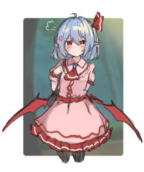 Rule 34 | 1girl, ahoge, anger vein, angry, ascot, bag, blue hair, blush, dress, ei tantan, handbag, highres, jewelry, long dress, looking at viewer, outdoors, over shoulder, pointy ears, red ascot, red eyes, remilia scarlet, sash, short hair, solo, tearing up, touhou, upper body, vampire, wings, wrist cuffs