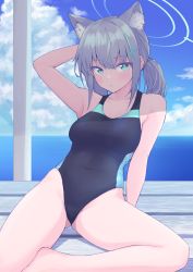 Rule 34 | 1girl, absurdres, animal ear fluff, animal ears, arm up, armpits, blue archive, blue eyes, blue sky, breasts, bsm (nerdmin), cat ears, closed mouth, cloud, cloudy sky, competition swimsuit, grey hair, hair ornament, hairclip, halo, highres, long hair, looking at viewer, one-piece swimsuit, outdoors, ponytail, shiroko (blue archive), shiroko (swimsuit) (blue archive), sitting, sky, solo, swimsuit, table, water, wooden table