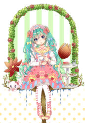 Rule 34 | 1girl, aqua hair, blue eyes, bow, cake, character name, cookie, cup, cupcake, dress, flower, food, footwear bow, hair bow, hairband, hatsune miku, head tilt, highres, holding, holding cup, jewelry, lolita fashion, lolita hairband, long hair, long sleeves, multiple hair bows, necklace, pantyhose, pipipiosuke, print dress, print pantyhose, ribbon-trimmed clothes, ribbon trim, shoes, sitting, solo, stuffed animal, stuffed rabbit, stuffed toy, sweet lolita, teacup, tiered tray, tulip, twintails, very long hair, vocaloid