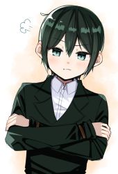 Rule 34 | 1girl, :t, androgynous, black hair, blue eyes, blush, collared shirt, crossed arms, female focus, formal, highres, kino (kino no tabi), kino no tabi, pout, ptcl, raised eyebrow, reverse trap, shirt, short hair, solo, suit, upper body