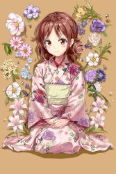 Rule 34 | 1girl, blush, braid, brown hair, commentary request, double bun, floral background, floral print, flower, flower request, full body, hair bun, hands on own thighs, highres, japanese clothes, kimono, lily (flower), long hair, long sleeves, looking at viewer, obi, pink kimono, red eyes, rose, sash, sayuuiede, seiza, sidelocks, sitting, smile, solo, swept bangs, tachibana yuzuki, taishou otome otogibanashi, twin braids, water drop