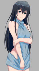 Rule 34 | 1girl, absurdres, ahoge, arm under breasts, bare arms, bare shoulders, black hair, blue eyes, breasts, closed mouth, covered erect nipples, cowboy shot, grey background, highres, long hair, meme attire, raised eyebrows, revealing clothes, ribbed sweater, shinonome (pixiv id 57460864), simple background, sleeveless, sleeveless turtleneck, small breasts, smile, solo, sweater, turtleneck, turtleneck sweater, very long hair, virgin killer sweater, yahari ore no seishun lovecome wa machigatteiru., yukinoshita yukino