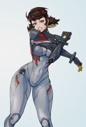 1girl arm_across_chest blonde_hair blue_eyes bodysuit breasts brown_hair cropped_legs cross-body_stretch doni_zefironi grey_bodysuit grin highres marvel marvel_rivals mecha_pilot_suit medium_breasts multicolored_hair peni_parker plugsuit red_hair simple_background smile spider-man_(series) standing stretching twintails white_background