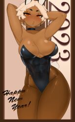 Rule 34 | 1girl, 2023, abs, absurdres, animal ears, armpits, arms up, bare shoulders, beige background, black leotard, blonde hair, blush, border, breasts, brown border, brown pantyhose, chinese zodiac, choker, cleavage, collarbone, cowboy shot, dark-skinned female, dark skin, earrings, fake animal ears, happy new year, highres, jewelry, large breasts, leotard, lips, looking at viewer, mole, mole on breast, new year, orange eyes, original, pantyhose, parted lips, rabbit ears, shiny skin, shnibbles, short hair, solo, standing, thick eyebrows, year of the rabbit