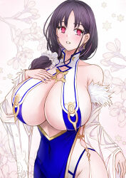 Rule 34 | 1girl, azur lane, bare shoulders, blue dress, breast curtains, breasts, china dress, chinese clothes, cleavage, cowboy shot, dress, earrings, hair over shoulder, hand on own chest, highres, huge breasts, jewelry, long hair, long sleeves, looking at viewer, parted lips, pelvic curtain, purple hair, red eyes, revealing clothes, sai-go, see-through, see-through sleeves, side slit, solo, standing, ting an (azur lane)