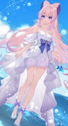 Rule 34 | 1girl, alternate costume, bare legs, bare shoulders, blue sky, cloud, day, dress, genshin impact, highres, long hair, looking at viewer, ocean, off-shoulder dress, off shoulder, open mouth, pink hair, purple eyes, rafi, sangonomiya kokomi, short sleeves, sky, solo, standing, very long hair, water, white dress