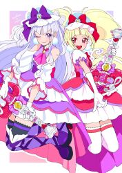 2girls :d ;) aisaki_emiru black_thighhighs blonde_hair bow character_name cure_amour cure_macherie dress elbow_gloves floating_hair gloves grey_hair hair_bow highres hugtto!_precure instrument long_hair looking_at_viewer multicolored_dress multiple_girls music one_eye_closed open_mouth outline playing_instrument precure purple_bow purple_dress purple_eyes red_bow red_dress red_eyes ruru_amour shirako_love sidelocks smile thighhighs very_long_hair white_dress white_gloves white_outline white_thighhighs zettai_ryouiki