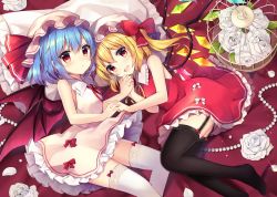 Rule 34 | 2girls, :d, alternate costume, bare arms, bat wings, birdcage, blonde hair, blue hair, blush, breasts, cage, dress, feet, feet out of frame, flandre scarlet, flower, frilled dress, frilled headwear, frills, gem, hair between eyes, hat, hat ribbon, highres, holding hands, looking at viewer, lying, mob cap, multiple girls, open mouth, pearl (gemstone), petals, pillow, red eyes, remilia scarlet, ribbon, ruhika, short hair, skirt, small breasts, smile, thighhighs, touhou, wings, zettai ryouiki