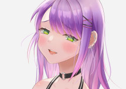 Rule 34 | 1girl, absurdres, barbell piercing, black choker, blush, choker, colored inner hair, ear piercing, gradient hair, green eyes, hair ornament, hairclip, halterneck, highres, hololive, industrial piercing, itou konnyaku, linked piercing, lips, long hair, looking at viewer, multicolored hair, o-ring, o-ring choker, open mouth, piercing, portrait, purple hair, simple background, smile, solo, swept bangs, tokoyami towa, virtual youtuber, white background
