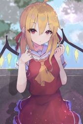 Rule 34 | 1girl, absurdres, ahoge, alternate hairstyle, ascot, blonde hair, blurry, bokeh, closed mouth, collared shirt, cowboy shot, crystal, depth of field, dot mouth, dot nose, eyes visible through hair, flandre scarlet, frilled shirt collar, frilled skirt, frills, hair ribbon, highres, light particles, looking at viewer, matcha yado, medium hair, no headwear, outdoors, red eyes, red ribbon, red skirt, red vest, ribbon, shirt, short sleeves, skirt, skirt set, solo, touhou, twintails, vest, white shirt, wings, yellow ascot