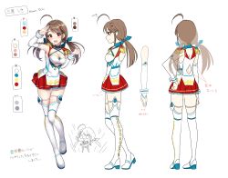 Rule 34 | 1girl, :d, absurdres, ahoge, bad id, bad pixiv id, blue bow, blue choker, boots, bow, breasts, brown hair, character sheet, choker, cleavage, criss-cross halter, detached sleeves, from behind, from side, full body, hair bow, hair ornament, halterneck, hand up, highres, ichiren namiro, long hair, long sleeves, looking at viewer, medium breasts, multiple views, open mouth, original, red eyes, red skirt, salute, skirt, smile, standing, thigh boots, thigh gap, thighhighs, twintails, virtual youtuber, white footwear
