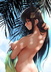 Rule 34 | 10s, 1girl, akatsuki akane, bikini, black hair, blush, breasts, bush, closed mouth, covering privates, covering breasts, day, from behind, fusou (kancolle), hair lift, hair ornament, kantai collection, large breasts, long hair, looking at viewer, looking back, red eyes, sky, solo, swimsuit, tree, white bikini