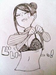 Rule 34 | 1girl, asymmetrical bangs, asymmetrical hair, bijin onna joushi takizawa-san, black hair, blush, bouncing breasts, bra, breasts, cleavage, clenched teeth, closed eyes, collarbone, earrings, female focus, formal, frustrated, hair bun, jacket, japanese text, jewelry, large breasts, lineart, long bangs, long sleeves, mole, mole under mouth, monochrome, navel, office lady, parted bangs, pen (medium), sagging breasts, shirt, sketch, solo, solo focus, speech bubble, suit, suit jacket, sweat, sweatdrop, sweater, takizawa kyouko, teeth, traditional media, turtleneck, turtleneck sweater, underwear, undressing, upper body, white background, yan-baru