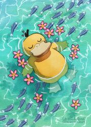 Rule 34 | 1other, 2024, artist name, closed eyes, closed mouth, commentary, creatures (company), dated, effie lealand, english commentary, english text, fish, flower, game freak, gen 1 pokemon, highres, lying, nintendo, on back, painting (medium), partially submerged, pink flower, pokemon, pokemon (creature), psyduck, relaxing, smile, traditional media, water, watercolor (medium)