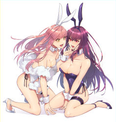Rule 34 | 2girls, absurdres, animal ears, blush, bow, bowtie, breasts, cleavage, collarbone, detached collar, fake animal ears, fake tail, fate/grand order, fate (series), fluffy, high heels, highres, holding another&#039;s head, kneeling, large breasts, bridal garter, leotard, medb (fate), medium breasts, multiple girls, official alternate costume, open mouth, pink hair, playboy bunny, rabbit ears, rabbit tail, scathach (fate), scathach (piercing bunny) (fate), simple background, strapless, strapless leotard, tail, tia (cocorosso), white background, wrist cuffs, yellow eyes