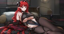 Rule 34 | 1girl, ahoge, azur lane, bare shoulders, bird, black gloves, black horns, breasts, brown pantyhose, center frills, chick, clothing cutout, covered navel, curled horns, demon girl, demon horns, demon tail, elbow gloves, frills, gloves, hair intakes, hairband, highres, hindenburg (azur lane), horns, large breasts, long hair, looking at viewer, lying, manjuu (azur lane), pantyhose, pointy ears, red eyes, red hair, sendo (sendrawz), solo, tail, thighs, underboob, underboob cutout, very long hair