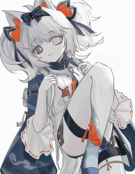 Rule 34 | 1girl, animal ears, backpack, bag, black eyes, chinese clothes, cross-shaped pupils, grey eyes, grey hair, haru18 ii, heterochromia, highres, long hair, long sleeves, mechanical ears, mismatched pupils, mismatched sclera, no.21: feral scent (punishing: gray raven), no.21 (punishing: gray raven), official alternate costume, official alternate hairstyle, parted lips, punishing: gray raven, solo focus, symbol-shaped pupils, thigh strap, twintails, wolf ears, yellow pupils