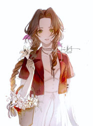 Rule 34 | 1girl, absurdres, aerith gainsborough, breasts, brown hair, choker, cropped jacket, dress, final fantasy, final fantasy vii, final fantasy vii remake, flower, flower basket, green eyes, hair ribbon, highres, holding, holding flower, jacket, long hair, parted bangs, parted lips, pink dress, red jacket, ribbon, senryoko, sidelocks, small breasts, solo, upper body, wavy hair, white background