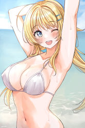 Rule 34 | 1girl, ;d, ahoge, armpits, arms up, bikini, blonde hair, blue eyes, blue sky, blush, breasts, cleavage, collarbone, commentary request, day, eluthel, hachimiya meguru, hair ornament, hairclip, highres, horizon, idolmaster, idolmaster shiny colors, large breasts, long hair, looking at viewer, navel, ocean, one eye closed, open mouth, outdoors, round teeth, signature, sky, smile, solo, stomach, stretching, swimsuit, teeth, twintails, upper body, upper teeth only, water, wet, white bikini