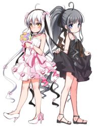 Rule 34 | 2girls, ahoge, bare arms, bare shoulders, black bow, black dress, black footwear, black hair, blue eyes, blunt bangs, blush, bouquet, bow, closed mouth, commentary request, dress, flower, full body, gokotai yoshimitsu, grey hair, hair bow, high heels, high ponytail, holding, holding bouquet, long hair, looking at viewer, looking to the side, multicolored hair, multiple girls, namazuo toushirou (tenka hyakken), pink ribbon, ponytail, ribbon, sandals, scrunchie, shouji ayumu, sidelocks, simple background, skirt hold, sleeveless, sleeveless dress, smile, solo, standing, tenka hyakken, two-tone hair, very long hair, wedding dress, white background, white dress, white hair, yellow eyes