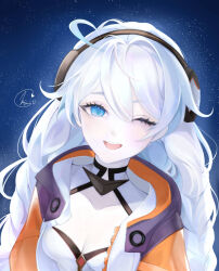 Rule 34 | 1girl, ;d, black hairband, blue eyes, braid, breasts, cleavage, commentary, english commentary, hair between eyes, hairband, highres, honkai (series), honkai impact 3rd, jacket, kiana kaslana, kiana kaslana (white comet), leotard, long hair, looking at viewer, mimi (mixnxart), one eye closed, open clothes, open jacket, open mouth, orange jacket, signature, small breasts, smile, solo, upper body, white hair, white leotard