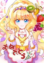 Rule 34 | 1girl, apron, blonde hair, blue eyes, blunt bangs, bridal gauntlets, brooch, choker, commentary request, cure finale, delicious party precure, food, fruit, grapes, hair ornament, heart, heart brooch, high ponytail, highres, jewelry, kasai amane, kiwi (fruit), long hair, magical girl, precure, ring, smile, solo, sonna877san, star (symbol), star hair ornament, strawberry, white choker, yellow nails
