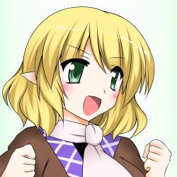 Rule 34 | 1girl, blonde hair, blush, clenched hands, facing away, gradient background, green background, green eyes, highres, mizuhashi parsee, open mouth, pointy ears, scarf, short hair, simple background, solo, touhou, tsukemen, upper body