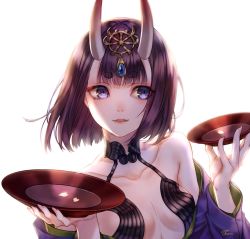 Rule 34 | 1girl, artist name, backlighting, bare shoulders, blush, bob cut, breasts, choker, collarbone, cup, eyeliner, fangs, fate/grand order, fate (series), forehead jewel, holding, holding cup, horns, japanese clothes, kimono, lips, makeup, nose blush, oni, open clothes, open kimono, open mouth, petals, purple eyes, purple hair, revealing clothes, sakazuki, short hair, shuten douji (fate), simple background, skin-covered horns, smile, solo, sora (soramame), upper body, white background