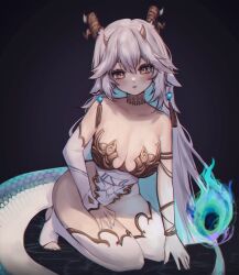 Rule 34 | 1girl, absurdres, bare shoulders, black background, blue nails, breasts, brown eyes, cleavage, colored inner hair, dragon girl, dragon horns, dragon tail, fiery tail, highleg, highleg leotard, highres, horns, indie virtual youtuber, large breasts, leaning forward, leotard, long hair, looking at viewer, multicolored hair, multicolored tail, multiple horns, pointy ears, seiza, sitting, sky above me, solo, tail, thighhighs, vei (vtuber), vei (vtuber) (sky empress), very long hair, virtual youtuber, white hair, white thighhighs