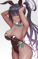 Rule 34 | 1girl, animal ears, aqua bow, aqua bowtie, arm tattoo, armpits, arms up, black hair, black leotard, blue archive, blush, bow, bowtie, breasts, cleavage, curvy, dark-skinned female, dark skin, detached sleeves, fake animal ears, fishnet pantyhose, fishnets, from side, hair tie in mouth, halo, highleg, highleg leotard, highres, karin (blue archive), karin (bunny) (blue archive), large breasts, leotard, long hair, looking at viewer, mouth hold, official alternate costume, pantyhose, playboy bunny, ponytail, rabbit ears, rabbit tail, shiny clothes, shiny skin, solo, tail, tattoo, thong leotard, traditional bowtie, tying hair, very long hair, wide hips, yasojima nejiro, yellow eyes