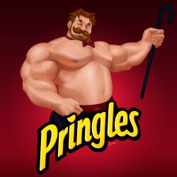 Rule 34 | 1boy, absurdres, bara, beard, belly, biceps, blue eyes, cane, cropped legs, facial hair, full beard, highres, holding, holding cane, huge pectorals, julius pringles, lemz (adrawingpotato), looking at viewer, male focus, mature male, muscular, muscular male, navel, nipples, one eye closed, parody, pringles, sanpaku, seductive smile, short hair, smile, solo, strongman waist, thick eyebrows, thick mustache, topless male