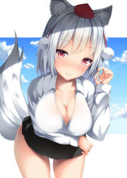 Rule 34 | 1girl, animal ear fluff, animal ears, black skirt, blue sky, blush, breasts, cleavage, cloud, commentary request, cowboy shot, day, hand up, hat, highres, inubashiri momiji, large breasts, leaning forward, long sleeves, looking at viewer, microskirt, nose blush, pleated skirt, pom pom (clothes), red eyes, shirt, short hair, silver hair, skirt, sky, smile, solo, standing, tail, tatsumiya kagari, thighs, tokin hat, touhou, two-tone background, white background, white shirt, wolf ears, wolf tail