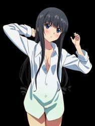 Rule 34 | 10s, 1girl, black hair, blue eyes, blush, bottomless, breasts, cleavage, collarbone, cowboy shot, dress shirt, head tilt, long hair, looking at viewer, minamiya natsuki, naked shirt, open clothes, open shirt, parted lips, shirt, small breasts, solo, standing, strike the blood, transparent background, white shirt