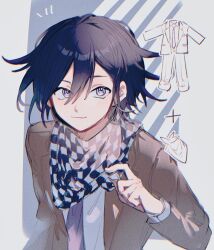Rule 34 | 1boy, alternate costume, black hair, checkered clothes, checkered scarf, closed mouth, danganronpa (series), danganronpa v3: killing harmony, hair between eyes, highres, jacket, light smile, looking up, male focus, necktie, oma kokichi, open clothes, open jacket, purple eyes, purple hair, ringed eyes, scarf, shirt, short hair, simple background, sketch, solo, upper body, wavy hair, white shirt, ze ro saiji