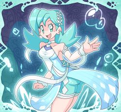 Rule 34 | 1girl, absurdres, alternate hairstyle, aqua dress, aqua eyes, aqua hair, armpits, ass, bare legs, bare shoulders, breasts, bubble, choker, collarbone, creatures (company), dress, from side, game freak, hair ornament, halter dress, halterneck, hand up, happy, highres, kris (pokemon), kris (sygna suit) (pokemon), looking at viewer, luigifan222, medium hair, multicolored background, nintendo, official alternate costume, official alternate hairstyle, patterned background, pokemon, pokemon masters ex, shorts, shorts under dress, side slit, small breasts, smile, splashing, standing, water, water drop, waving, wrist cuffs