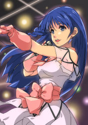 Rule 34 | 1girl, blue eyes, blue hair, blurry, blurry background, bow, chiharu (9654784), dress, earrings, floating hair, gloves, highres, holding, holding microphone, jewelry, long hair, lynn minmay, macross, macross: do you remember love?, microphone, music, outstretched arm, pink bow, pink gloves, short dress, singing, solo, very long hair, white dress
