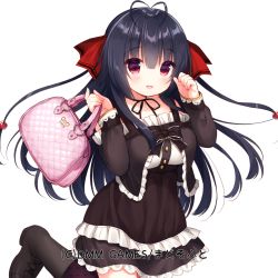 Rule 34 | 1girl, antenna hair, bag, black footwear, black hair, blush, boots, breasts, brown dress, brown legwear, commentary request, copyright request, dress, fingernails, frilled dress, frills, hair between eyes, hair ribbon, handbag, hands up, heart, heart print, holding, holding bag, long hair, long sleeves, looking at viewer, medium breasts, parted lips, red eyes, red ribbon, ribbon, simple background, sleeves past wrists, smile, solo, standing, standing on one leg, usashiro mani, very long hair, watermark, white background