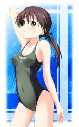 Rule 34 | 00s, 1girl, brown eyes, brown hair, gertrud barkhorn, hyokkori tamago, one-piece swimsuit, ponytail, solo, strike witches, swimsuit, world witches series