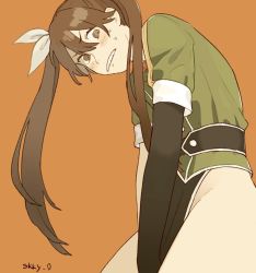 Rule 34 | 1girl, black gloves, blush, brown eyes, brown hair, clenched teeth, cover, cover page, covering privates, covering crotch, elbow gloves, gloves, hair between eyes, hair ribbon, kantai collection, long hair, no panties, orange background, pelvic curtain, ribbon, short sleeves, simple background, single elbow glove, single glove, solo, sukekiyo (skky 0), sukekiyo (skky 0), sweat, teeth, tone (kancolle), tone kai ni (kancolle), twintails, twitter username