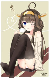 Rule 34 | 10s, 1girl, ahoge, alternate costume, bad id, bad pixiv id, bare shoulders, blue eyes, breasts, brown hair, cleavage, double bun, headgear, kantai collection, kongou (kancolle), long hair, myuton, one eye closed, panties, pantyshot, ribbed sweater, sitting, sleeves past wrists, solo, sweater, thighhighs, underwear, white panties