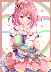 1girl :d blush border braid breasts brown_border brown_eyes center_frills commentary_request crown dated frills hair_between_eyes happy_birthday heart highres hoshizaki_akari large_breasts looking_at_viewer mini_crown ongeki open_mouth outline pink_hair pink_skirt puffy_short_sleeves puffy_sleeves shirt short_sleeves skirt smile solo tilted_headwear twin_braids white_outline white_shirt wrist_cuffs xenon_(for_achieve)