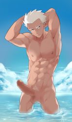 Rule 34 | 1boy, aper sexy, archer (fate), beach, erection, fate (series), highres, looking at viewer, male focus, muscular, nude, outdoors, penis, water