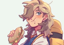 Rule 34 | arven (pokemon), backpack, bag, blue eyes, blue vest, brown hair, chewing, collared shirt, creatures (company), eating, food, full mouth, game freak, hair over one eye, highres, holding, holding food, light brown hair, long hair, multicolored hair, necktie, nintendo, orange necktie, pokemon, pokemon sv, sandwich, shirt, tamatanz, vest, yellow bag