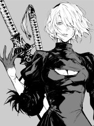 Rule 34 | 1girl, 2b (nier:automata), absurdres, breasts, cleavage, cleavage cutout, closed mouth, clothing cutout, commentary, cowboy shot, dress, facing viewer, feather-trimmed sleeves, feather trim, gloves, grey background, greyscale, hairband, hand up, highres, juliet sleeves, katana, long sleeves, medium breasts, mole, mole under mouth, monochrome, nier:automata, nier (series), nishiii26miii, one eye covered, parted lips, puffy sleeves, sheath, sheathed, side slit, simple background, solo, standing, sword, symbol-only commentary, tassel, thighhighs, thighs, turtleneck, turtleneck dress, weapon, weapon on back