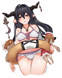 Rule 34 | 10s, 1girl, ahoge, artist name, bad id, bad pixiv id, bikini, black hair, breasts, brown eyes, collarbone, cropped legs, danua, doll, draph, granblue fantasy, gretel (granblue fantasy), groin, hair between eyes, hansel (granblue fantasy), horn ornament, horns, huge ahoge, innertube, jewelry, large breasts, long hair, looking at viewer, mania (fd6060 60), necklace, open mouth, pointy ears, simple background, swim ring, swimsuit, thigh gap, white background, white bikini