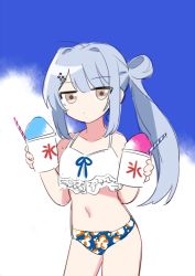 Rule 34 | 1girl, bikini, blue background, blue hair, closed mouth, food, hair bun, kashii kaoru, long hair, looking at viewer, mahjong soul, multicolored background, shaved ice, side ponytail, solo, swimsuit, white background, yagi yui